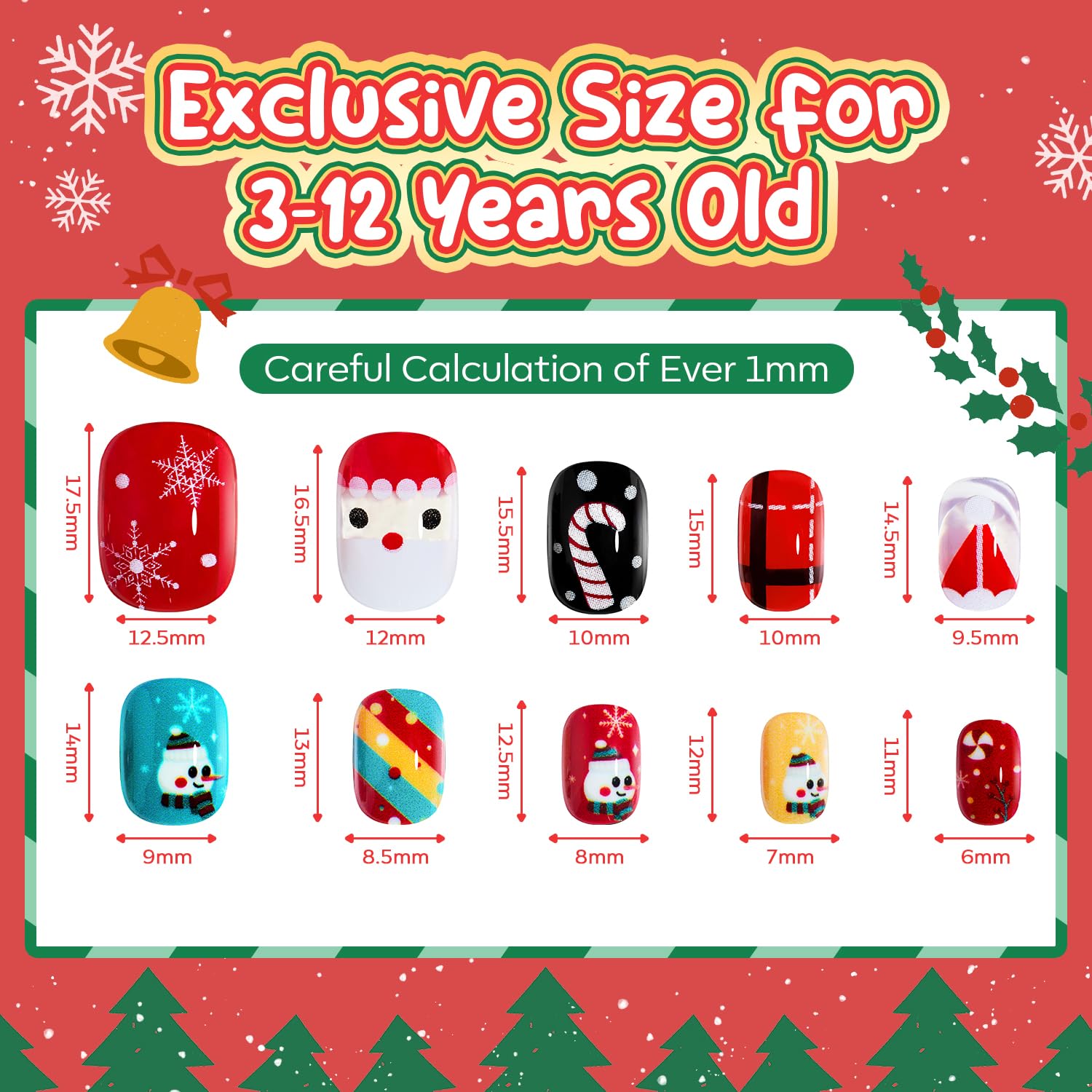 Modelones Christmas Press on Nails for Kids 144Pcs 6 Pack Children Girls Toys 8-10 Acrylic Fake Nails Pre-glue Full Cover Snowflake Red Xmas Short False Nail Art Kits Sets Gifts For Kids Girls - Image 3