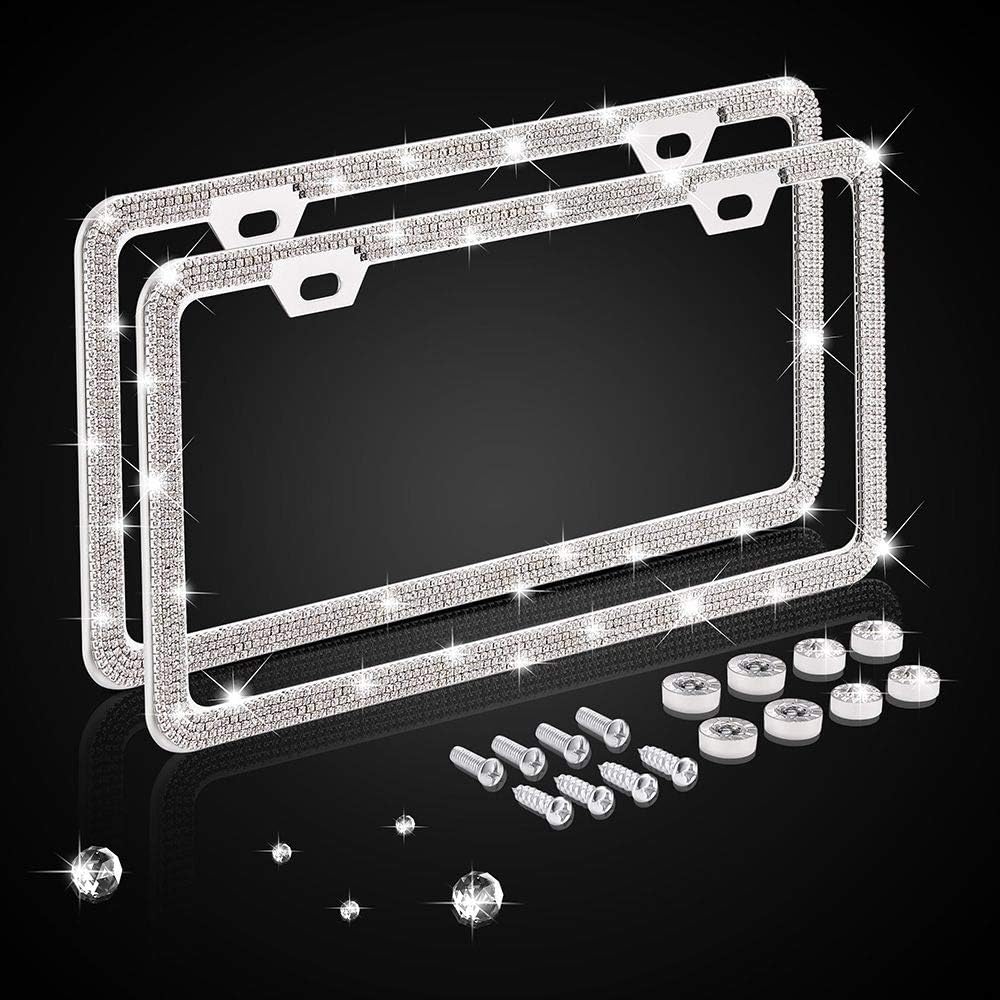 Nomiou Bling Narrow License Plate Frame,Luxury Handmade Waterproof Glitter Rhinestone Crystal Premium Stainless Steel Licence Plate with Anti Theft Screw Caps for Front and Back License