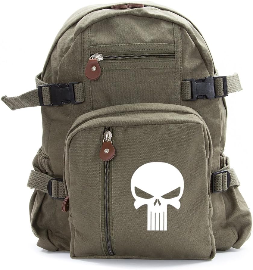 Sport Heavyweight Canvas Mini Backpack Bag Punisher Skull, Olive With with CAR DECAL