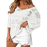 Zeagoo Women's Summer Crochet Off The Shoulder Hollow Out Knit Tops 2025 V Neck 3/4 Sleeve Sweater Top