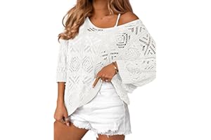 Zeagoo Women's Summer Crochet Off The Shoulder Hollow Out Knit Tops 2025 V Neck 3/4 Sleeve Sweater Top