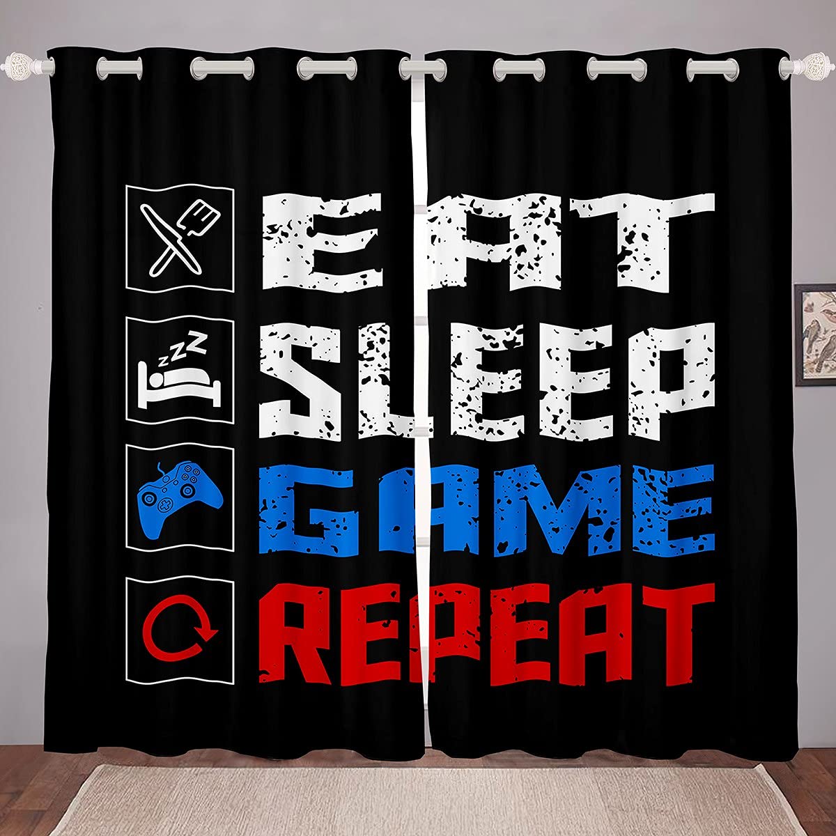 Gamer Curtains for Boys Teens Gaming Window Drapes Kids Girls Eat Sleep Game Repeat Design Window Curtains for Bedroom Living Young Men Player Games Window Treatments,W52*L63