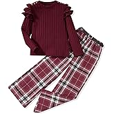 HIHA Girls Fall Winter Outfit Long Sleeve Solid Tops Plaid Wide Leg Pant Set with Belt Size 8-12