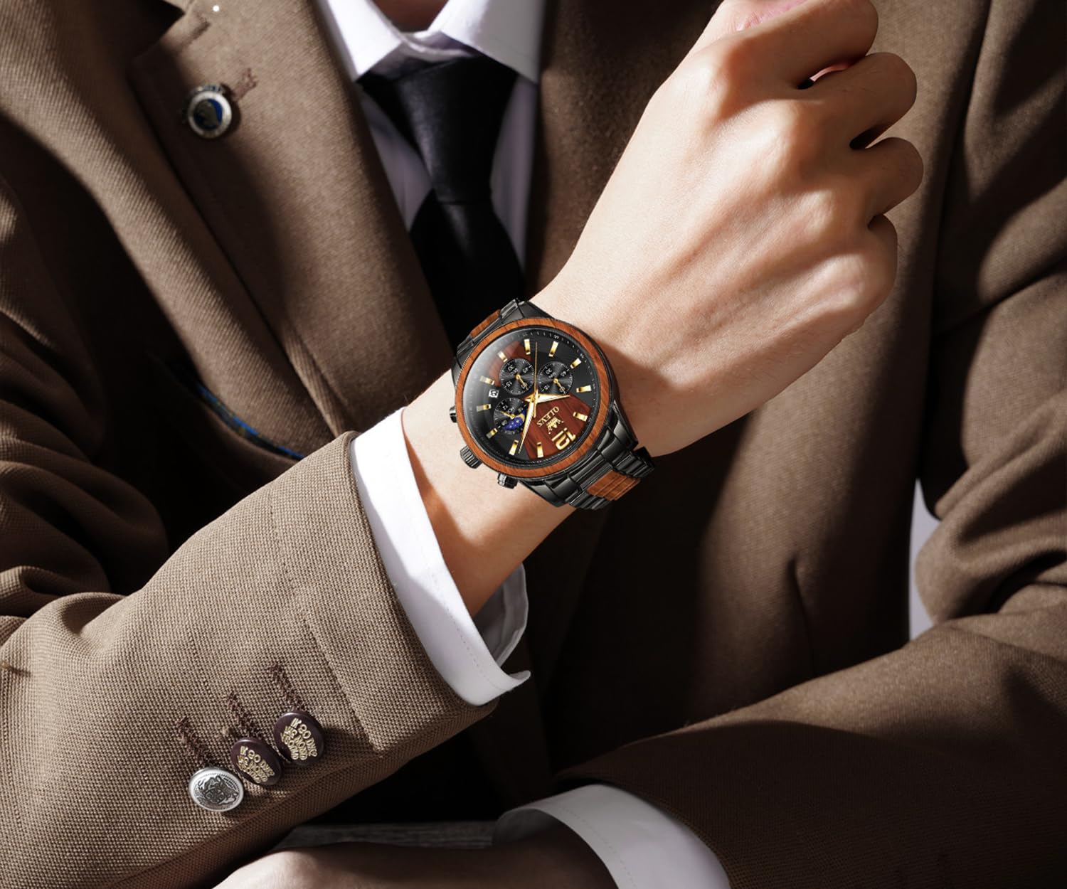 OLEVS Uhren Herren Echtholz Armband wasserdichte Quarzuhr Modische Business Freizeituhr 4