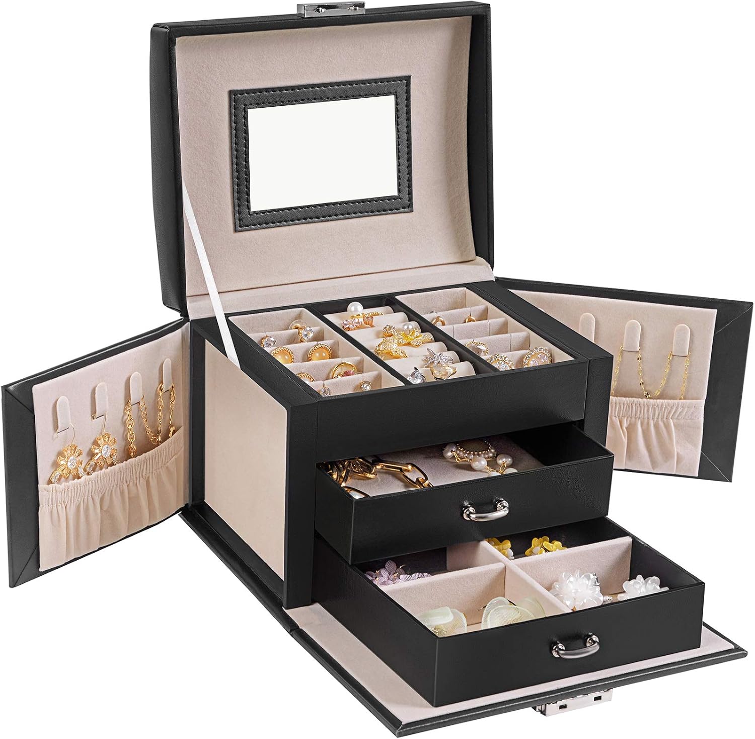 SONGMICS 3-Tier Jewellery Box, Lockable Jewellery Organiser with Handle, 2 Drawers, Travel Jewellery Case with Mirror - Image 4
