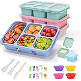 4 Pack Bento Snack Box, 5 Compartment Lunchable Snack Containers, Stackable Bento Lunch Boxes for Kids & Adults, Reusable Whe
