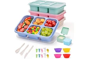 4 Pack Bento Snack Box, 5 Compartment Lunchable Snack Containers, Stackable Bento Lunch Boxes for Kids & Adults, Reusable Whe
