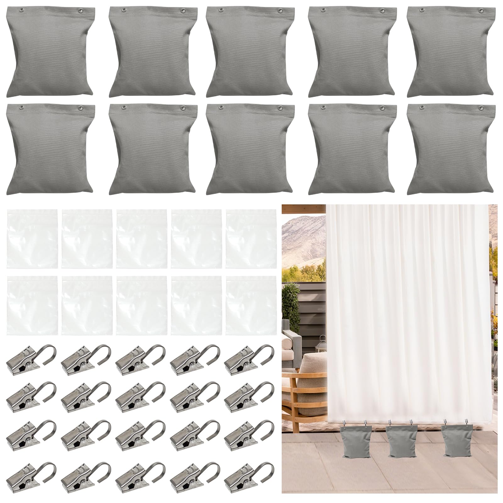 Photo 1 of 10 Pack Heavy Curtain Weights, 24oz Outdoor Curtain Weights Bag, Drapery Weighted Bottom Gazebo Weights Sandbag with Holder Clip for Heavy Wind Drapes Cabana Gazebo Pergola Garden (grey, 6" x 8")