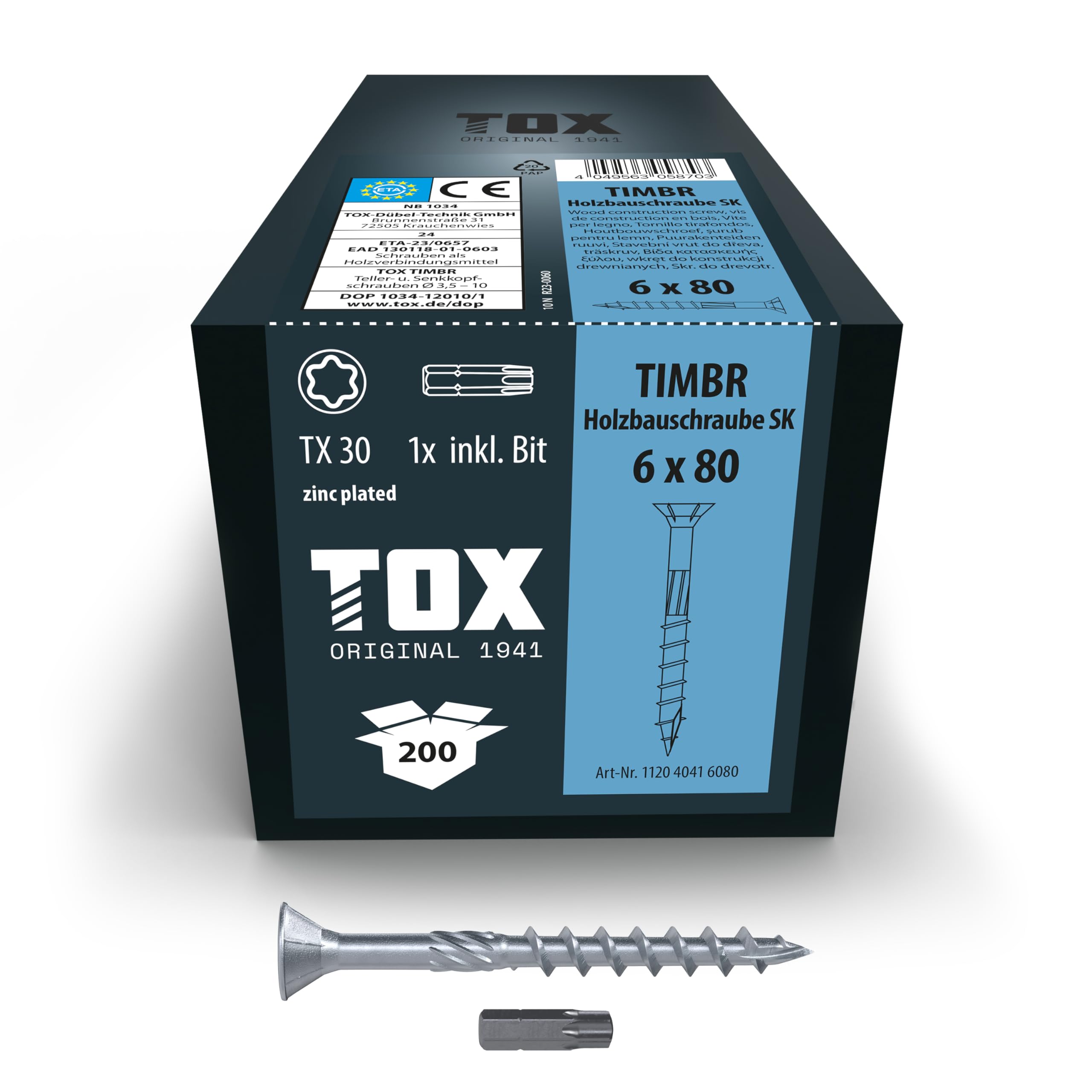 TOX Timbr SK 112040416080 Wood Screws 6.0 x 80 mm Blue Galvanised with Countersunk Head TX30 Screws for Easy Screwing and Flush Mounting in Wood Construction Pack of 200 Includes 1x Bit