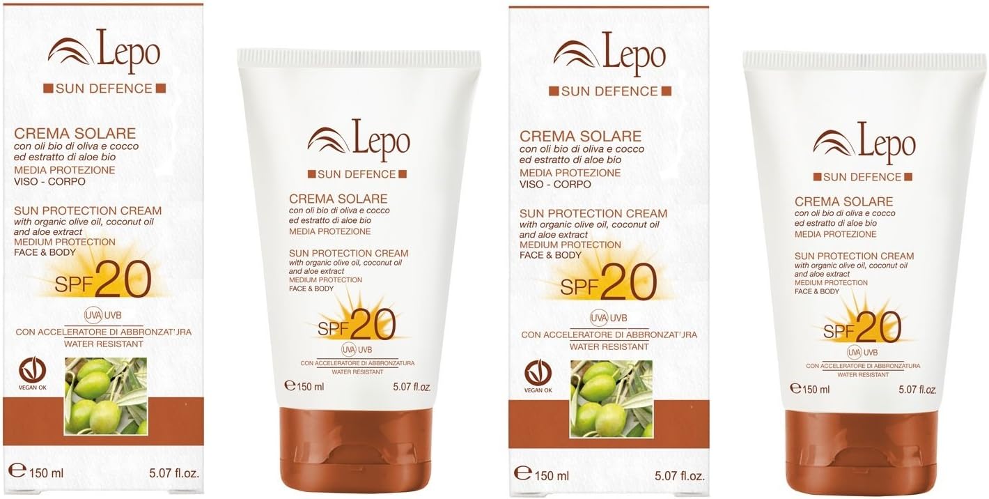 lepo – Sun Cream SPF 20 + with 2 Packs Of 150 ml – Protection Media, Natural Tanning Accelerator Solar, No Rashes, No Stains, also for Children.