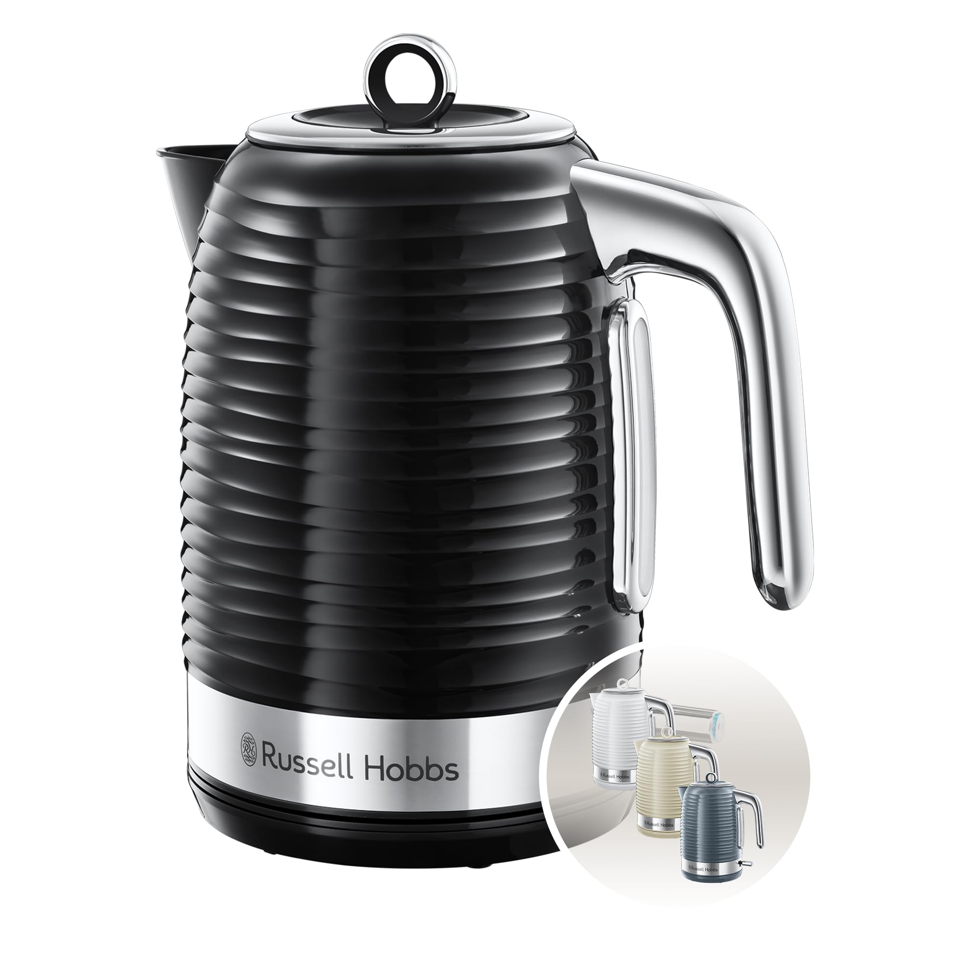 Russell Hobbs Inspire Electric 1.7L Cordless Kettle (Fast Boil 3KW, Black premium textured plastic, high gloss finish, Removable washable anti-scale filter, Pull off lid, Perfect pour spout) 24361