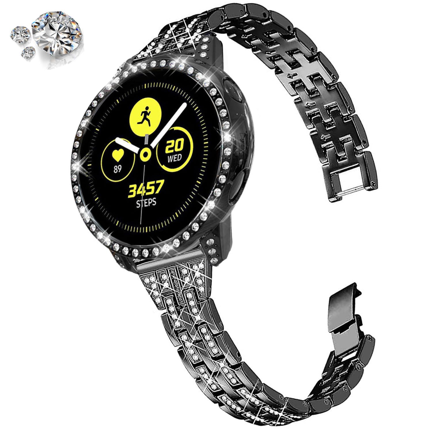 DEALELE Strap Compatible with Samsung Galaxy Watch Active (40mm), 20mm Luxury Rhinestone Diamond Metal Steel Bracelet with Protective Case Cover Replacement for Women Men, Black