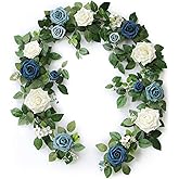 PONATIA 5FT Handcrafted Artificial Rose Flower Garland, Dusty Blue Flowers Greenery Garland for Wedding Ceremony Garlands Backdrop Arch Flowers, Ceremony Reception Table Decorations