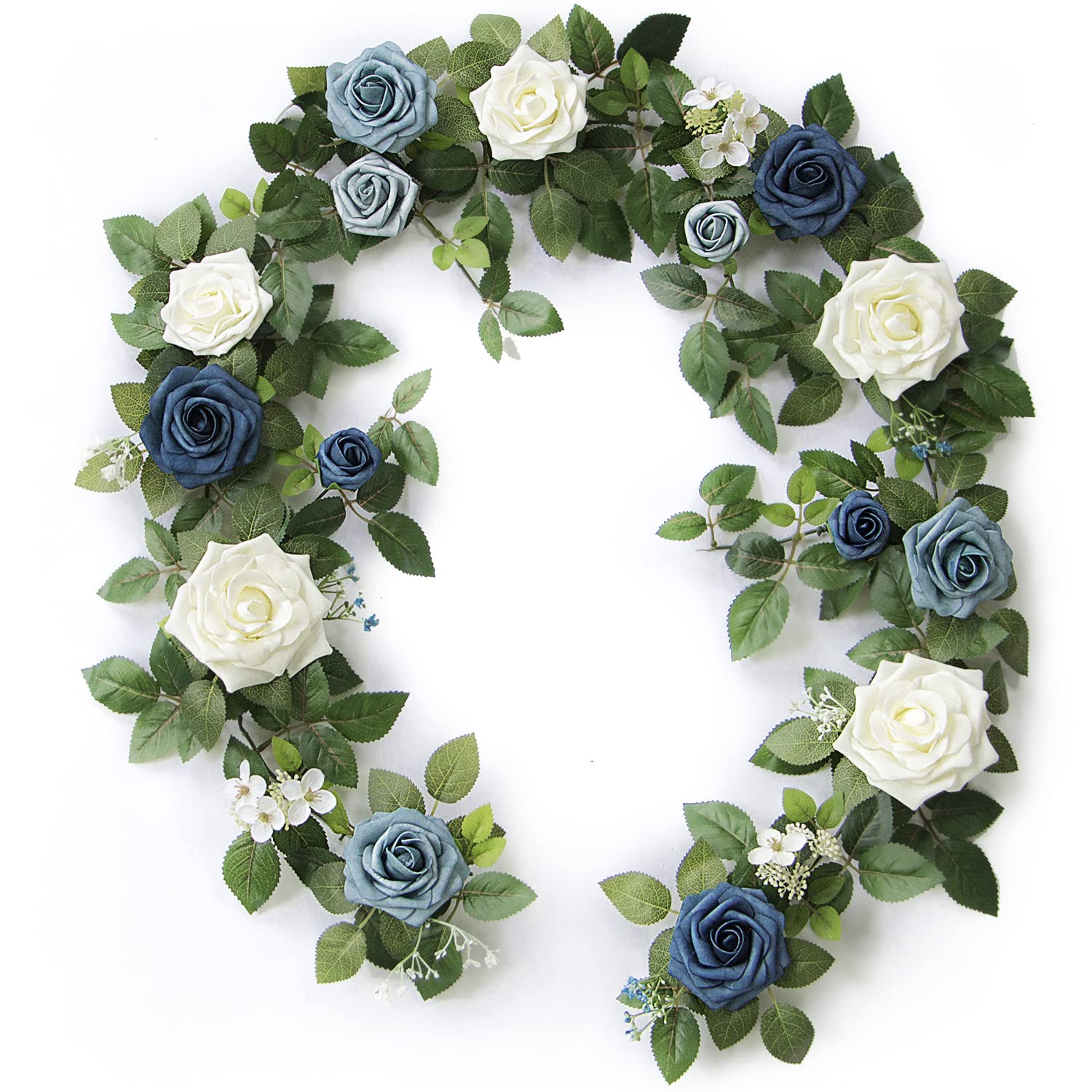 PONATIA 5FT Handcrafted Artificial Rose Flower Garland, Dusty Blue Flowers Greenery Garland for Wedding Ceremony Garlands Backdrop Arch Flowers, Ceremony Reception Table Decorations