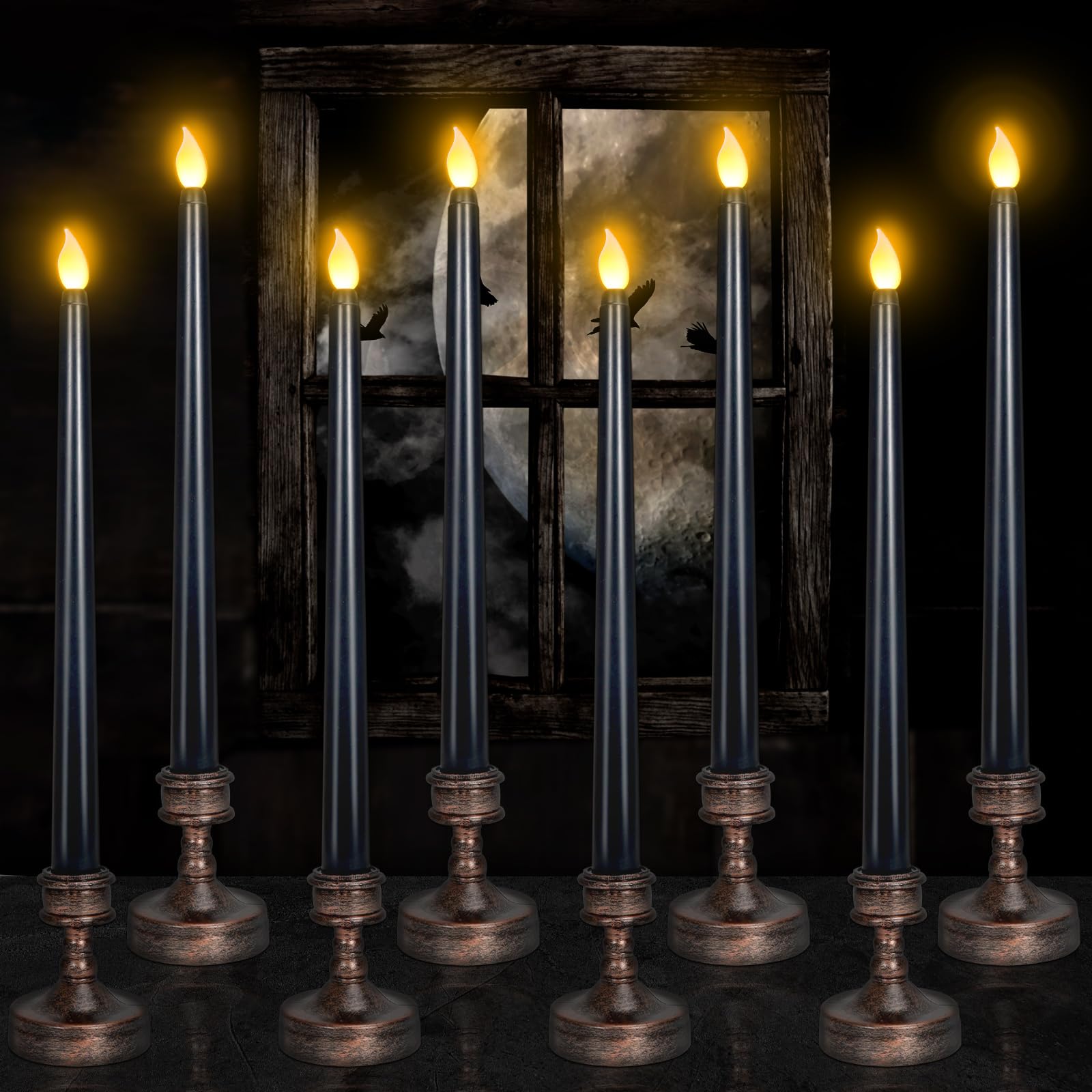 Photo 1 of YUNVI Sets of 8 Black Halloween Candles,Flameless Taper Candles with Base,LEDs Candlesticks,Plastic Flickering Flameless Candles for Halloween Fireplace