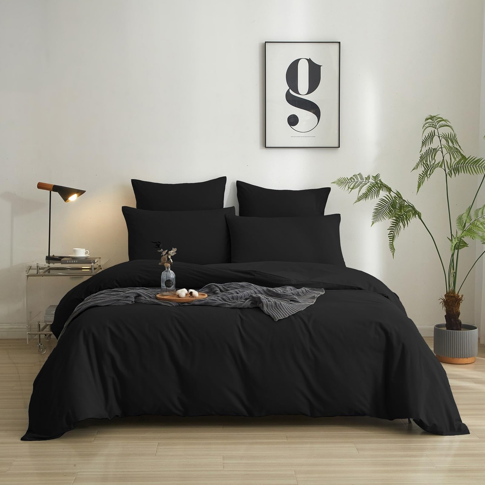 Luowei Bed Linen 135 x 200 cm Cotton Black Duvet Cover 2-Piece 100% Washed Cotton Comfortable Breathable Oeko-Tex Certified Bed Linen with 1 Pillowcase 80 x 80 cm and Zip
