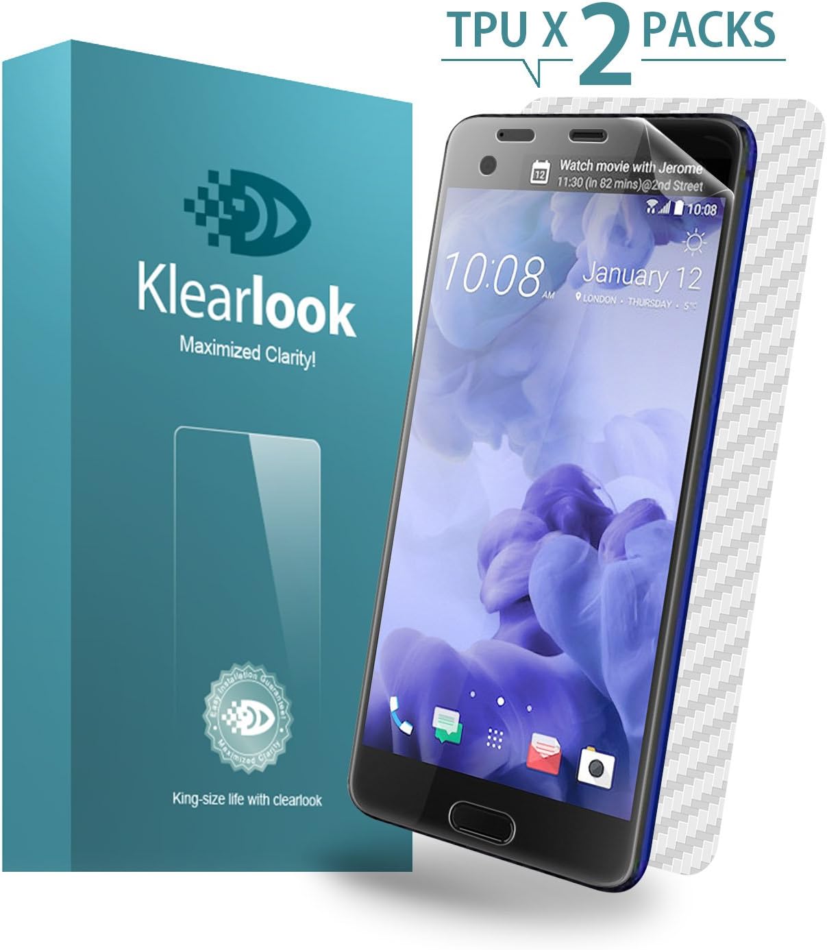 HTC U Ultra Screen Protector, Klearlook® [Full Coverage Version] 2-Pack 100% Full Screen Coverage Clear TPU Screen Protector with Easy Installation and Scratches Resistance + 1-Pack Full Coverage Carbon Fibre Sticker Protector for HTC U Ultra