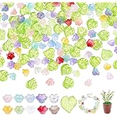 PH PandaHall 200pcs Glass Bell Flower Beads Green Leaf Charms, 2 Styles Colorful Trumpet Flower Bead Caps Transparent Leaf Charms for Earring Bracelet Necklace Jewelry Making DIY Crafts