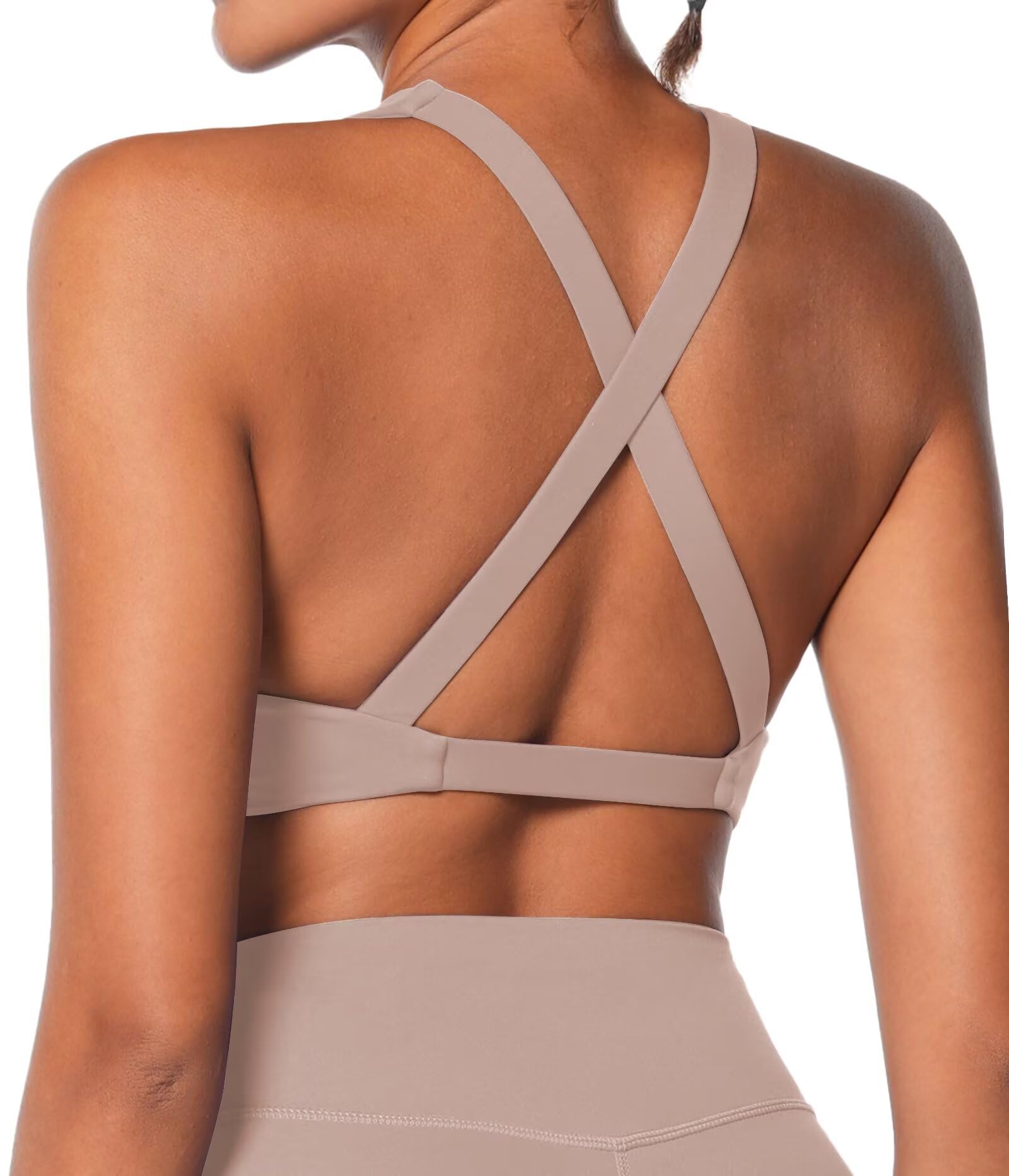 Photo 1 of Sunzel Women's Sports Bra, Crisscross Back Yoga Crop Top with Removable Pads Double Lined Twist Front Design for Gym Workout Beige X-Large