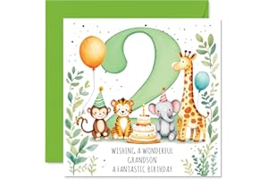 Playful 2nd Birthday Card for Grandson - Bursting with Birthday Fun - Cute Animals, Colorful Balloons and Cake in a Lively Ce