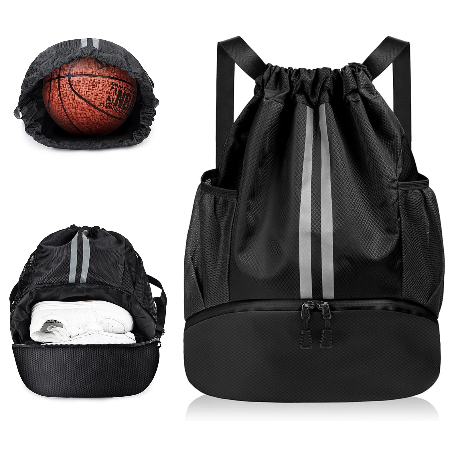 flintronic Drawstring Backpack, Waterproof Sports Backpack, Large Gym Bag With Shoe Compartment and Water Bottle Mesh Pockets, for Sports School Beach Holidays Swimming Travel