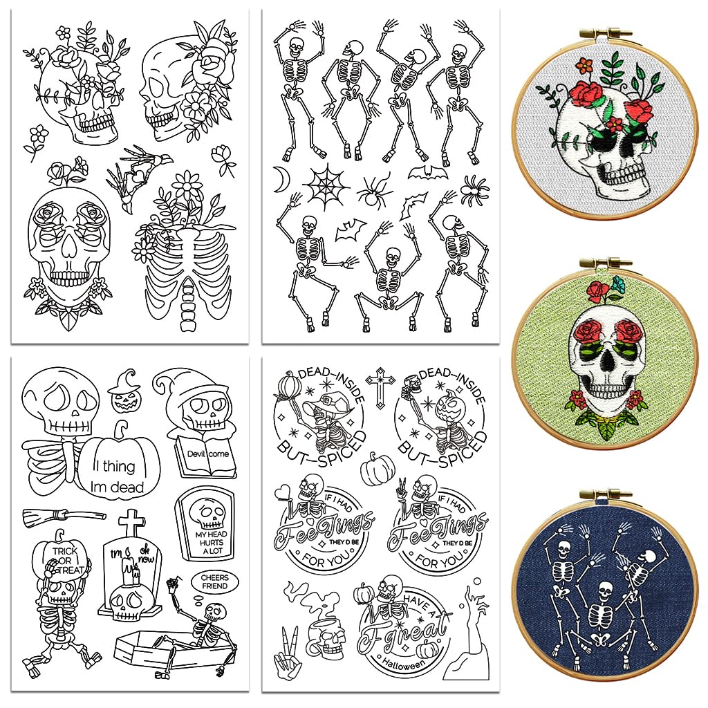 peacoblue Water Soluble Embroidery Patterns for Beginners 4 Sheets Halloween Skeleton with 39pcs Patterns, Wash Away Stick and Stitch Dissolvable Embroidery Paper for Hand Sewing Lovers Women Adult โ image 1