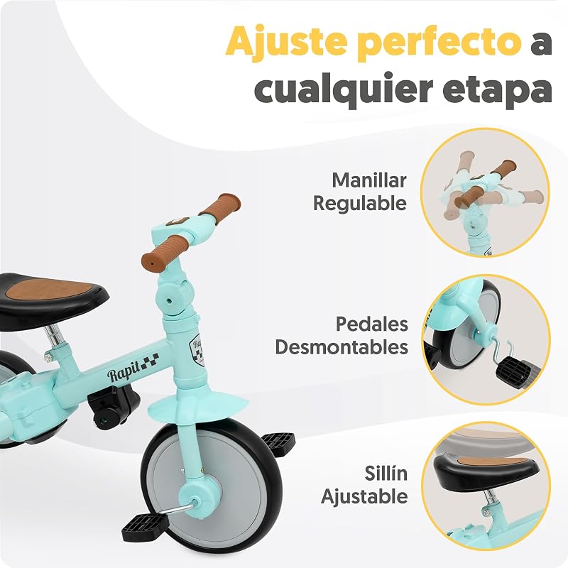 Triciclo Evolutivo Bebé 5-em-1 | Bebé Triciclo Descapotável de 1 Ano em Bicicleta Sem Pedais | Bicicleta de Bebé & Passeio 1-5 Anos | Ajustável, Transformável e Estável (Verde)
