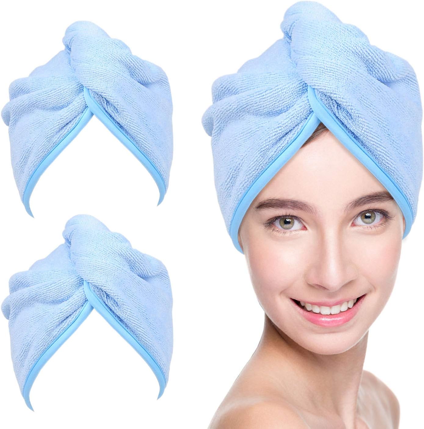 YoulerTex Microfiber Hair Towel Wrap for Women, 2 Pack 10 inch X 26 inch, Super Absorbent Quick Dry Hair Turban For Drying Curly, Long & Thick Hair (Blue)
