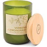 Paddywax Eco Collection Scented Soy Wax Candle in Glass Jar, Verbena & Lemongrass Fragrance, Green Vessel with Wood Lid, 8 oz