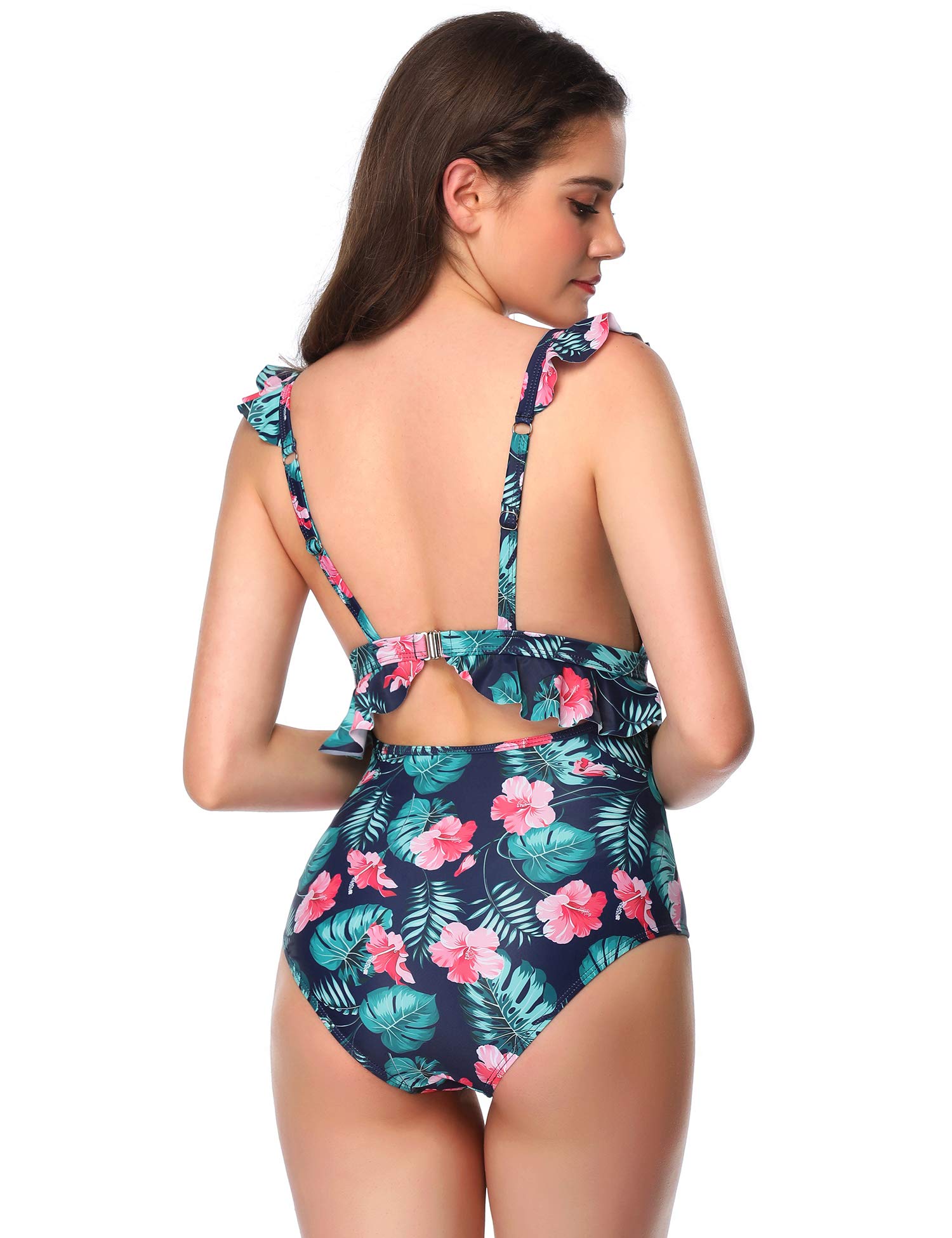 Verano Playa Women High Waisted Cutout One Piece Swimsuit Ruffle Printed Monokini with High Leg Cut Bathing Suit
