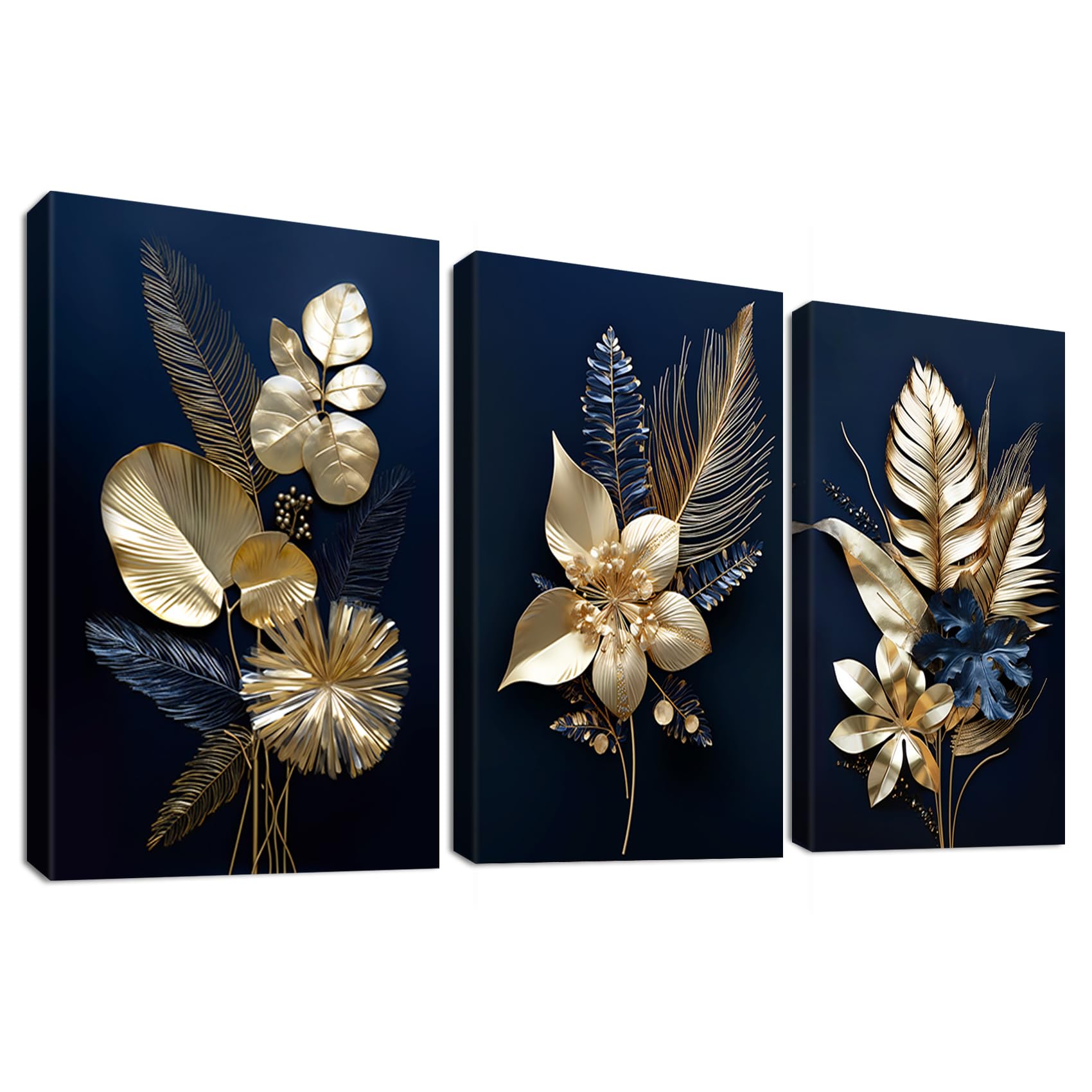3 Panels Wooden Framed 3D Navy Blue Gold Flowers Canvas Wall Art Tropical Monstera Coconut Leaves Painting on Canvas Prints Picture for Living Room Bedroom Home Wall Decoration 90x40cm (12"x16"x3pcs) — image 1