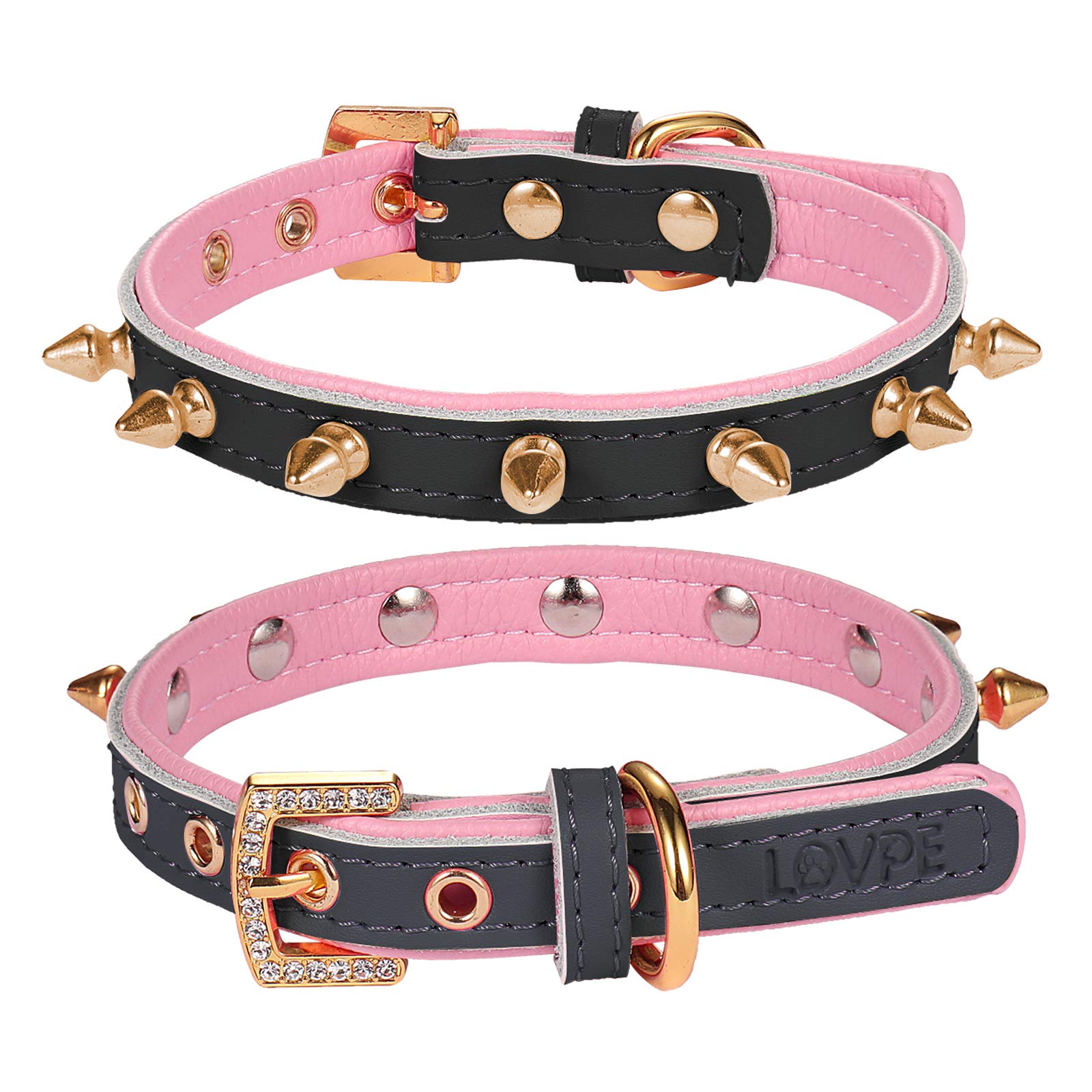 Photo 1 of LOVPE Cat Collar/Dog Collar Golden Spiked Studded Double Layer Leather Pet Collars with Golden Rhinestone Buckle for Cats Puppy Small Medium Dogs (Black/Pink, S)