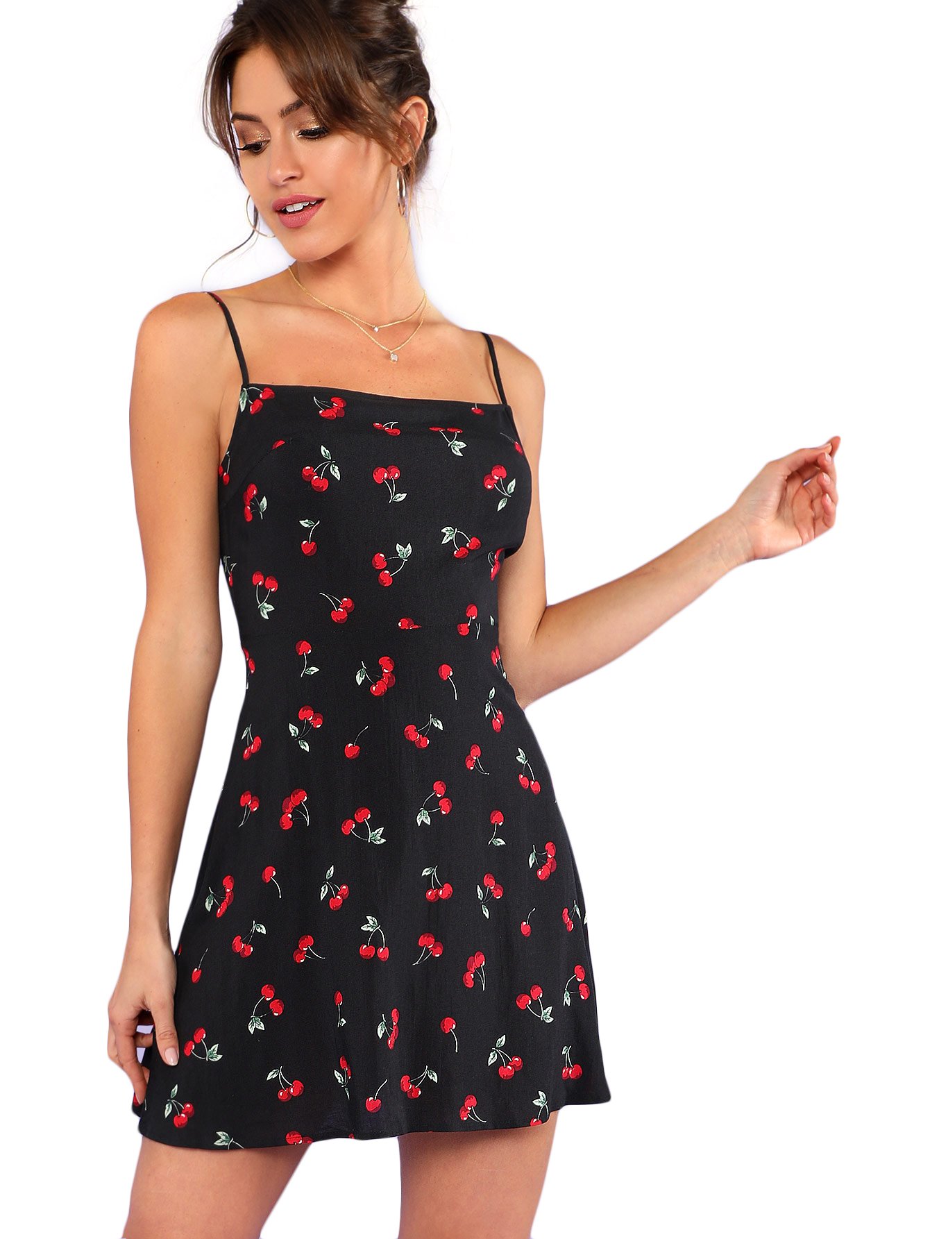 Photo 1 of Floerns Women's Summer Floral Cherry Print A Line Short Cami Dress