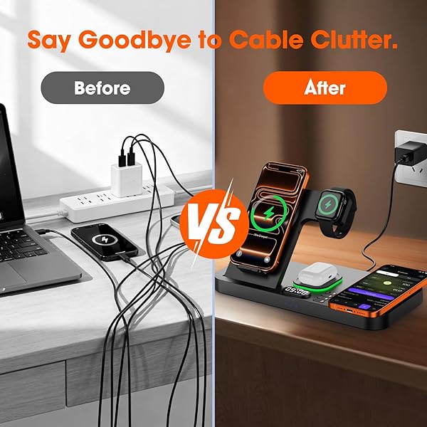 DUAL PHONE MAGNETIC WIRELESS CHARGING STATION FOR APPLE DEVICES/APPLE ECOSYSTEM,WITH AUTO-SWITCH 7-COLOR LIGHT & CLOCK, COMPATIBLE WITH IPHONE 17/16/15, FOR IWATCH 11/10/9 & AIRPODS PRO3（BLACK