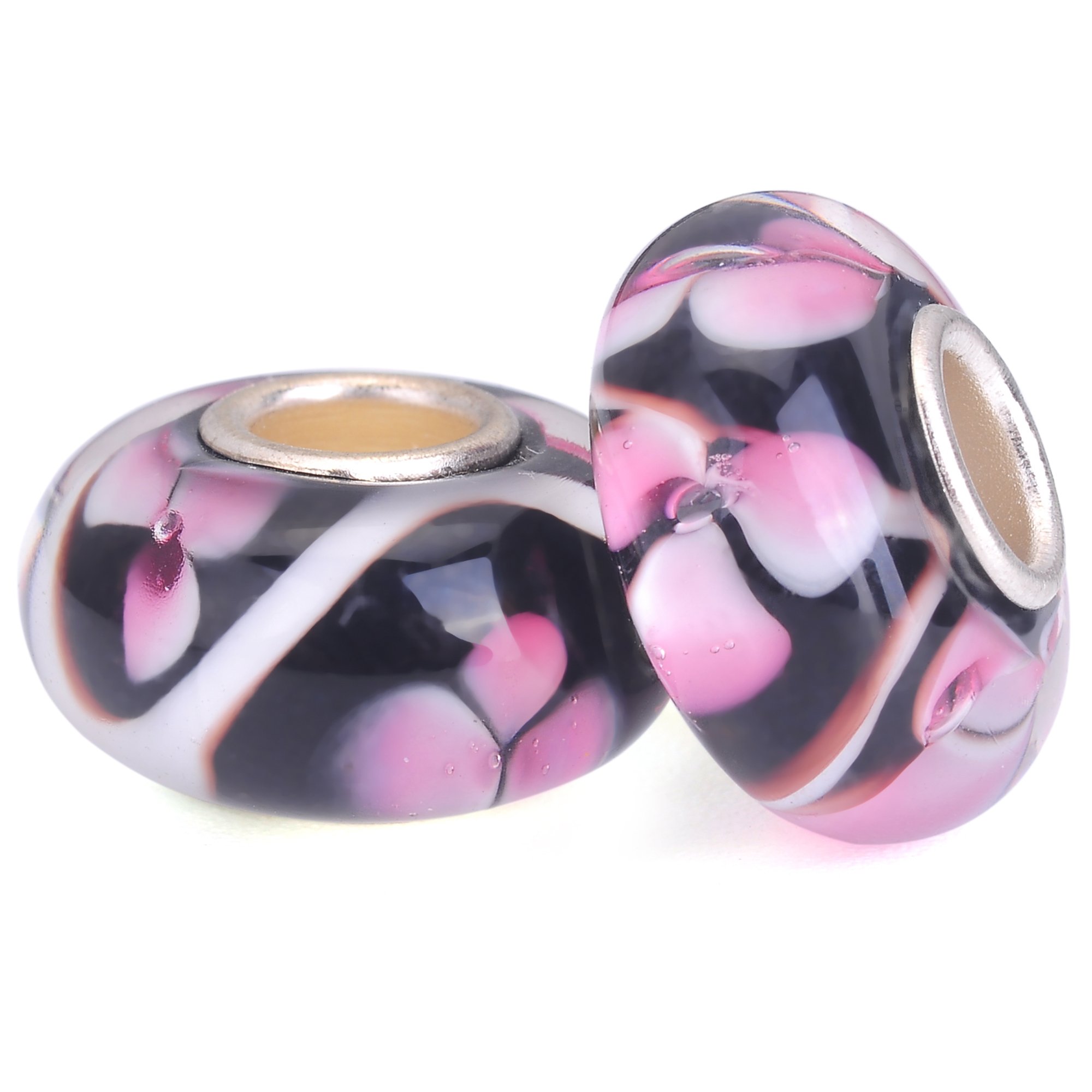 RUBYCA Pink Flower Murano Glass Charm Beads Silver Colour Core fit European Bracelet Jewellery Making 6pcs