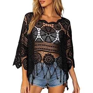 TRCELECTROP Womens Crochet Tops Summer Boho 3/4 Sleeve Crewneck Lightweight Hollow Out Knit Top Summer Beach Swimsuit Coverup