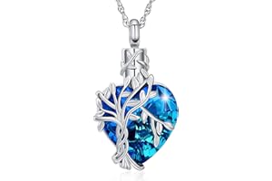 shajwo Tree of Life Cremation Heart Urn Ashes Necklace for Women Men Cremation Crystals Ash Pendant Loved One Memorial Jewelry