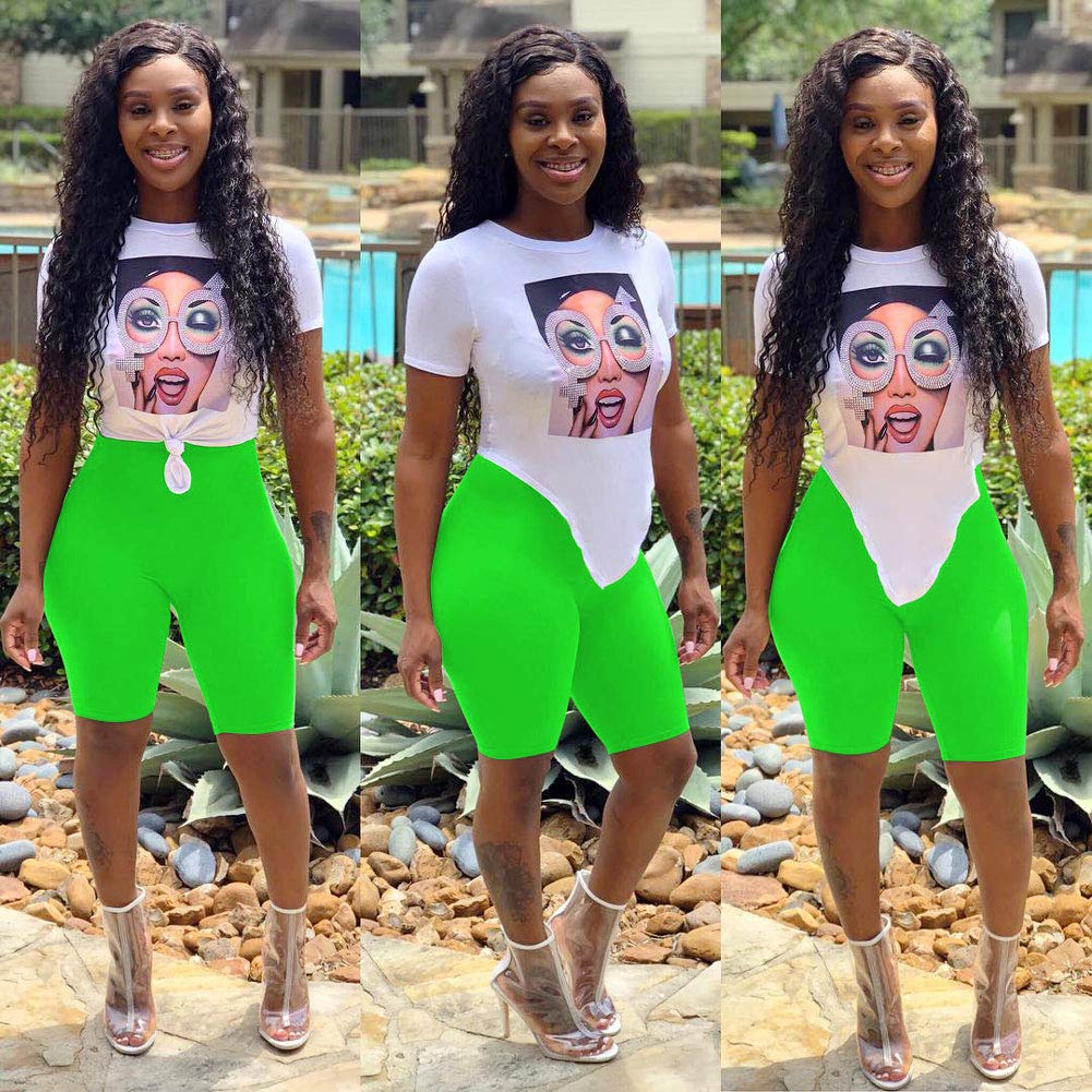 Womens 2 Piece Outfits Short Sleeve Crop Top - Unique Drilling Print Pants Set Green