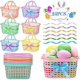 Teenyyou 24 Pcs Small Easter Baskets with Handle for Egg Hunt and 12 Pcs Ribbon Macaroon Colorful Plastic Easter Gift Wrap Basket for Spring Party Crafts Supplies Accessories Decorations