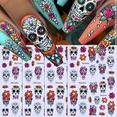 Halloween Nail Stickers Spooky Skull Nail Decals Horror Skeleton Zombie Flower Design Sticker 4Pcs Self Adhesive Holiday Goth Nail Decoration for Women Manicure Accessories