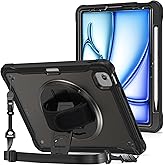 ProCase for iPad Air 11-inch 7th (M3) 2025/ 6th (M2) 2024/ Air 5th / 4th Gen 10.9"/ iPad Pro 11" 4th/3rd/2nd/1st Gen, Heavy Duty Shockproof Cover with Hand Strap 360 Degree Rotatable Kickstand -Black