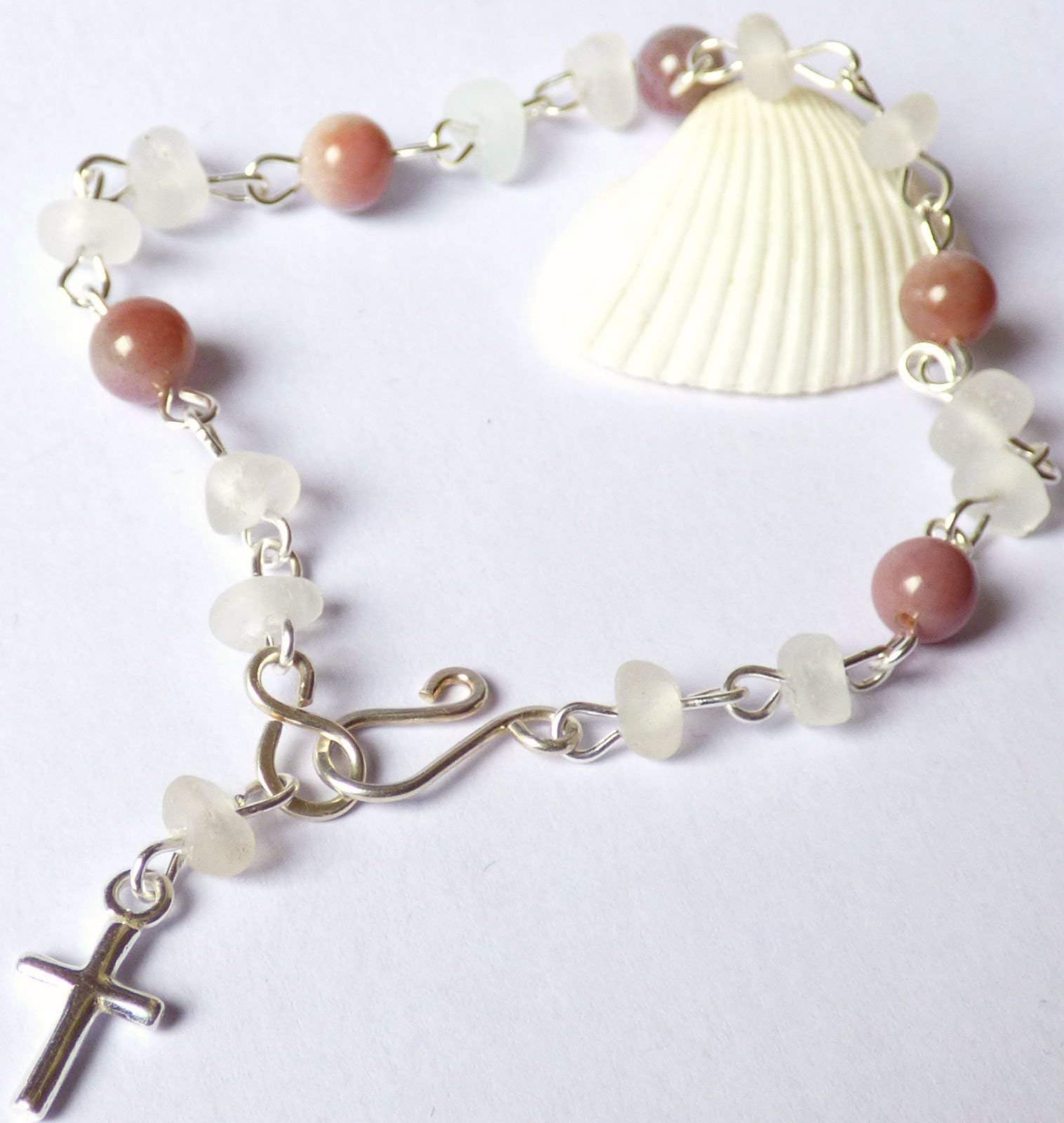 Sea Glass and Agate Bead Rosary Bracelet with Sterling Silver Cross and Clasp B180006