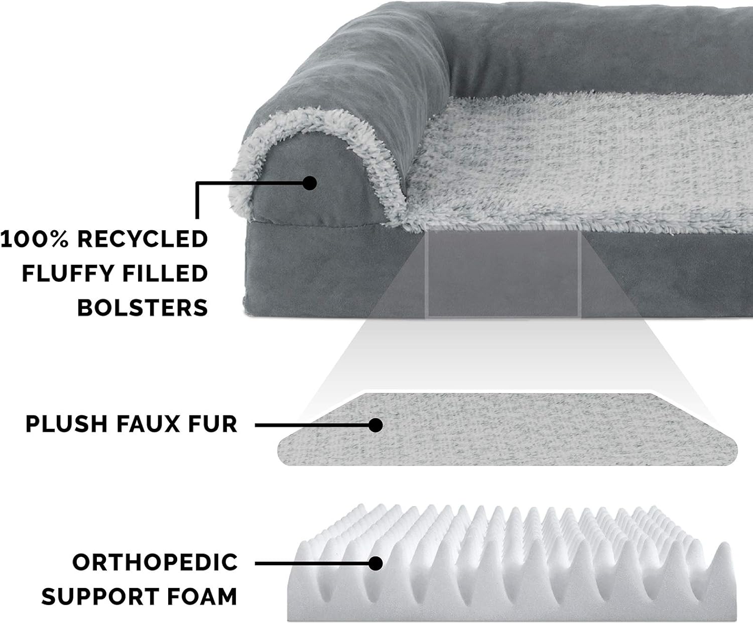 Furhaven Pet Dog Bed - Deluxe Orthopedic Two-Tone Plush and Suede L Shaped Chaise Lounge Living Room Corner Couch Pet Bed with Removable Cover for Dogs and Cats, Stone Gray, Large : Pet Supplies