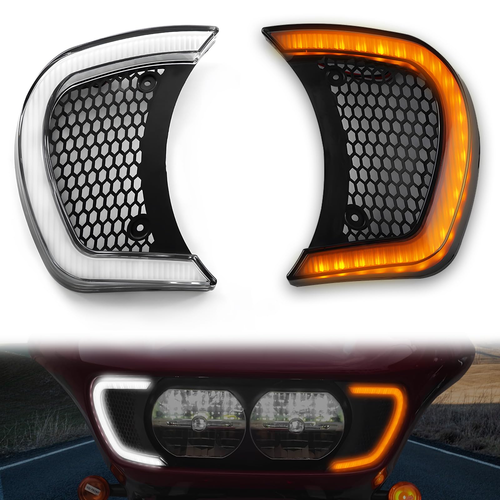 Photo 1 of LED Headlight Vent Turn Signal for Road Glide, LED Fairing Vent Accent Lamp Indicator Side Lights for Harley Road Glide FLTRX Special FLTRXS CVO Ultra FLTRX 2015-2024 Accessories (Clear Lens)