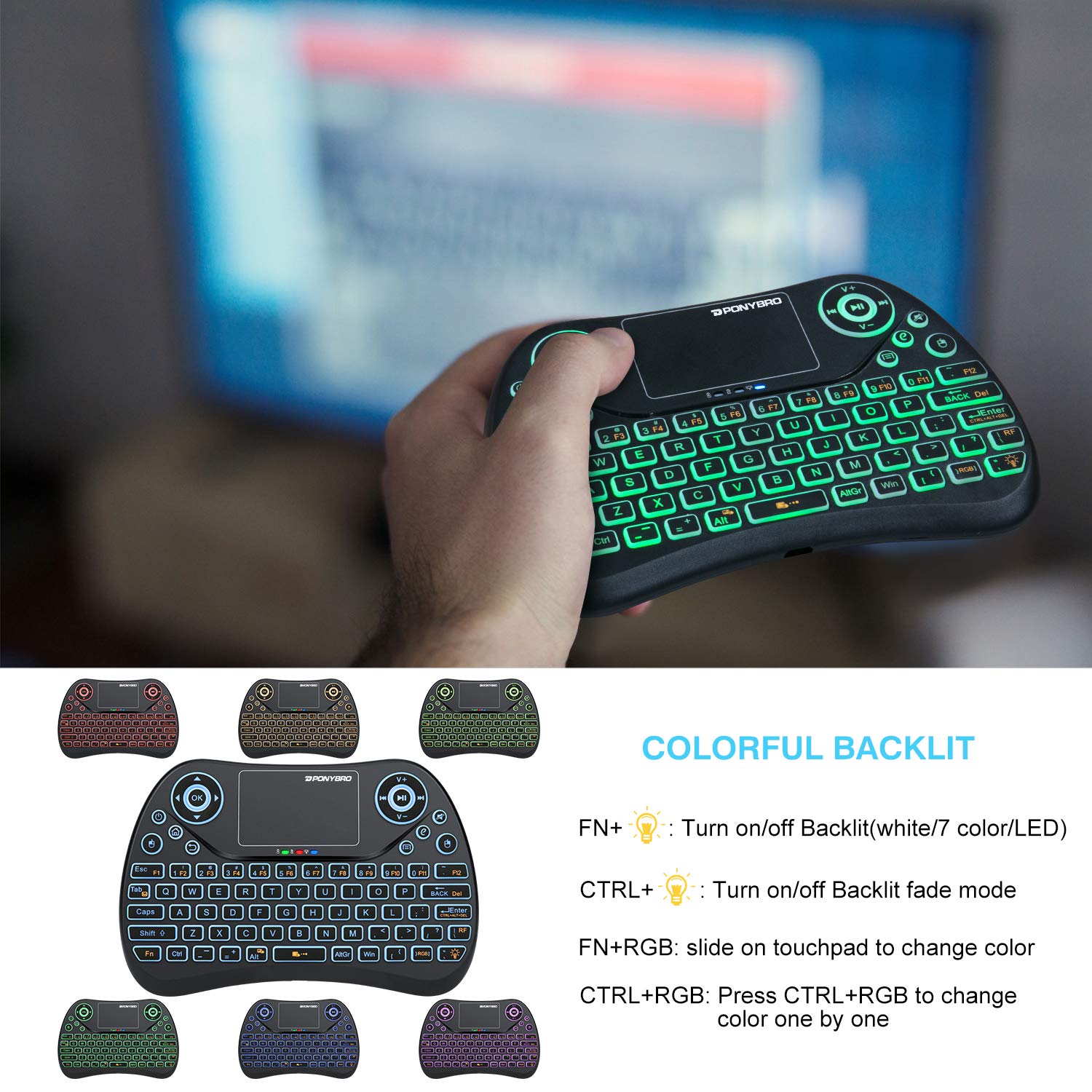 (Newest Version) PONYBRO Mini Wireless Keyboard with Touchpad Mouse,Backlit Remote Keyboard, Portable Handheld Keyboard Wireless Small Keyboard for Android,Windows,Mac OS,Linus.PC,TV,Notebooks.(MK1)