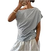 SOLY HUX Women’s Striped Shirt Short Sleeve Off The Shoulder Tee Asymmetrical Summer Top