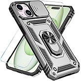 SunStory Compatible with iPhone 15 Plus Case with HD Screen Protector & Slide Camera Cover & Rotated Ring Kickstand, [Military-Grade] Phone Case for iPhone 15 Plus,Silver