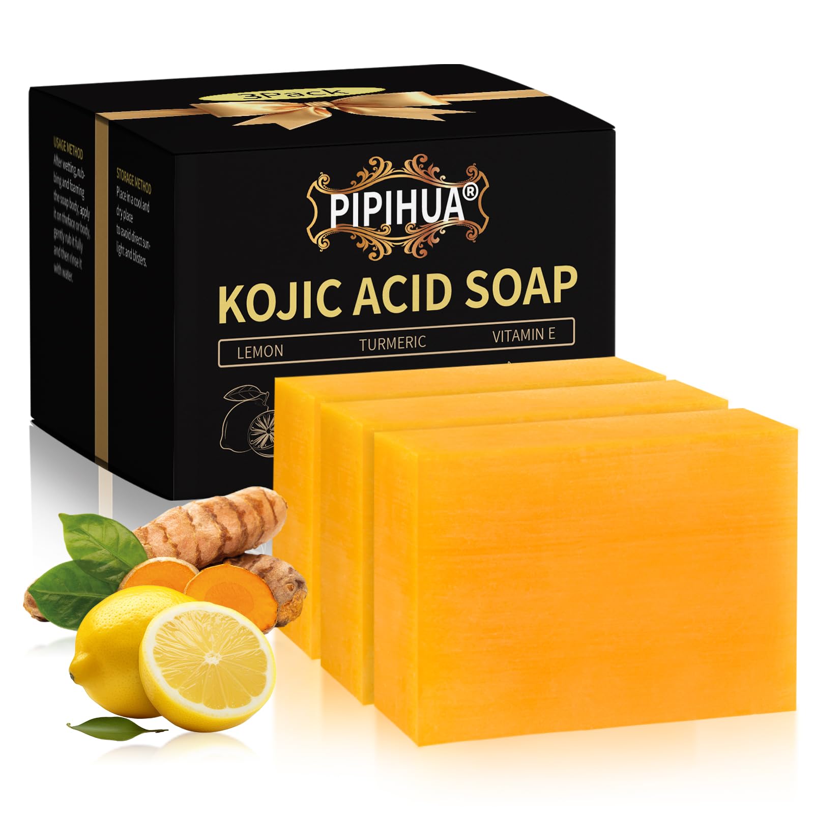 PIPIHUA Lemon Kojic Acid Soap, Turmeric Soap Bars, Gentle Soap for Acne with Collagen, Turmeric, Hyaluronic Acid with a Foaming Net(3x100g)