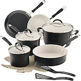 Rachael Ray Cucina Ceramic Cookware Set - 13 Pieces - Ceramic Pots and Pans Set w/Nonstick Frying Pans, Saute Pan, Saucepans, Stockpot, Lids, Pan Protectors & Cooking Utensils - Peppercorn