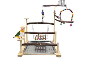 Kathson Wood Bird Playground Parrot Play Stand Bird Stand with Feeder Cups Birds Perch Stand with Ladder Hanging Swing Chewing Toys Conure Cage Accessories for Parakeet Conure Lovebird Cockatiel